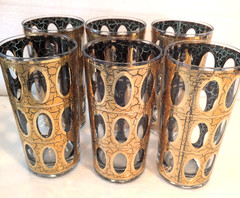 Culver MCM Piza 5 1/2″ 22k Gold & Green Oval Highball Glass Tumbler Set of 6