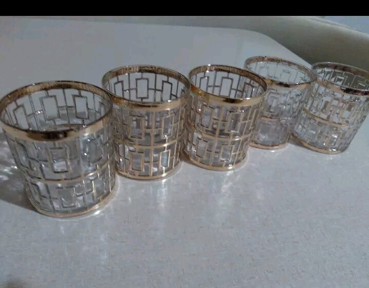 Imperial Glass Shoji Trellis 22K Gold Cocktail Highball Barware Glasses Set (5)