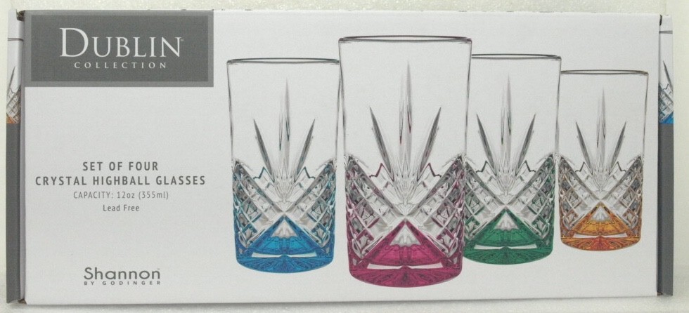 GODINGER DUBLIN MULTI COLOR SET OF 4 HIGHBALL CRYSTAL GLASSES
