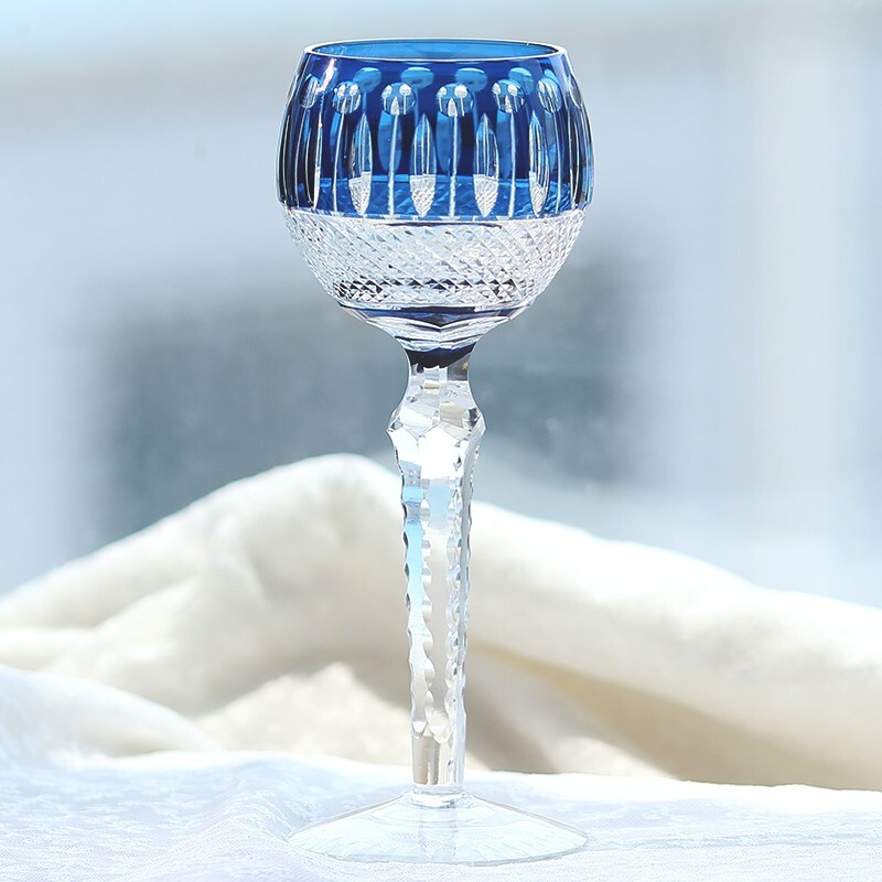 Boho Wedding Water Wine Goblet Hand Cut Clear Crystal Glasses Ink Blue 7.5oz