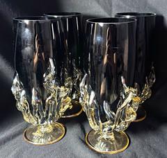 Set of 4 VGnewtrend «Flame» Blown Glass Wine Goblets 8” Black/Amber Murano Style
