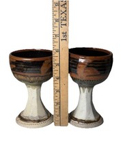 Hand Thrown Art Pottery Chalices Goblets Stoneware Set 2 E Signature Stamp Brown