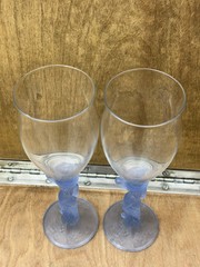 Set (2) Vintage Art Deco Aderia Nude Mermaid Wine Glass 8.25″ Blue Frosted Stem