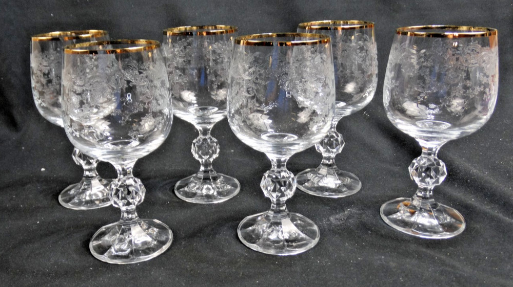 Set of 6 Bohemia Crystalex Queen Anne’s Lace Etched Wine Glasses Beautiful!