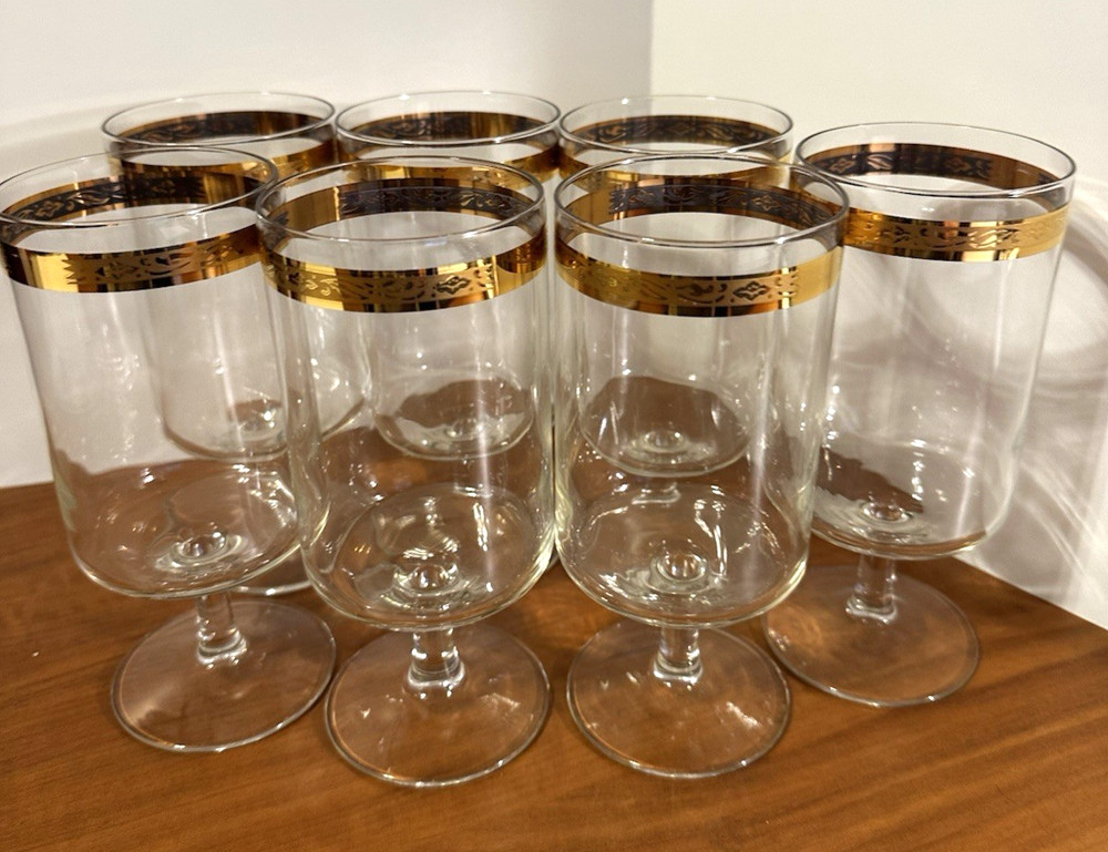 LIBBEY VINTAGE HEIRLOOM CRYSTAL STEMWARE22 KT. GOLD BAND, I CED TEA GLASS/SET 7