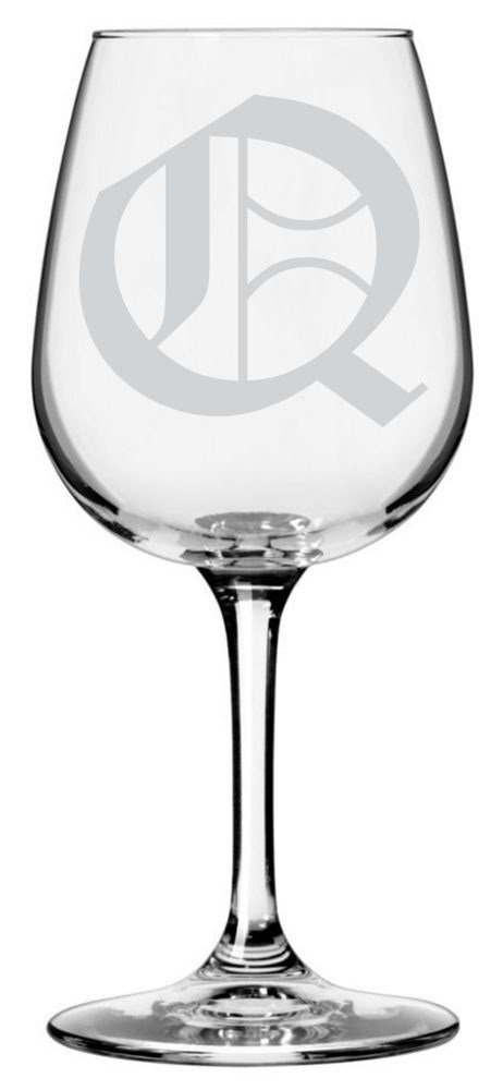 Old English Etched Monogram Stemmed 12.75oz Wine Glass (Letter Q)