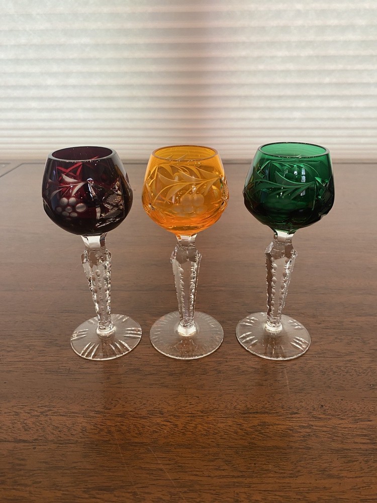 STUNNING SET(3) VTG Lausitzer Multicolored Cut To Clear Crystal Cordials 5.25″H