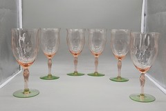 Vintage Weston Watermelon Uranium Glass Stemmed Goblets With Etched Flowers