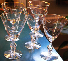 Vtg AUTUMN Set 5 TIFFIN FRANCISCAN Cut Leaf Crystal Water Goblet AIR BUBBLE STEM