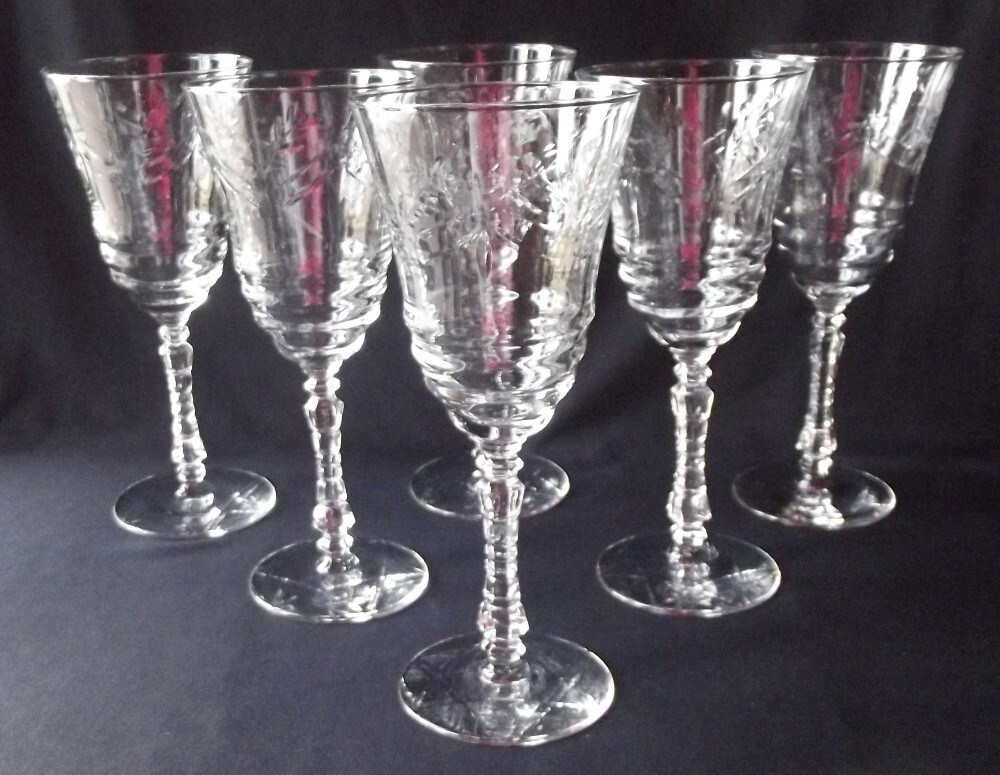 6 VINTAGE ROCK SHARPE «ARCTIC ROSE» ETCHED CRYSTAL WATER GOBLETS 7-7/8″ T