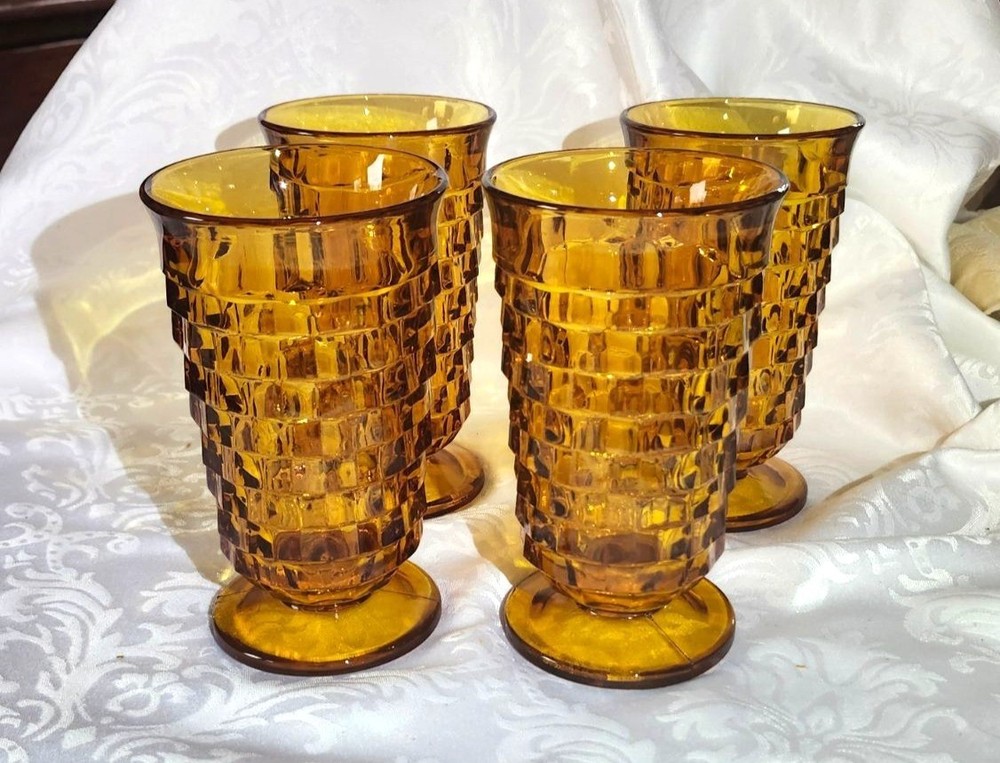 Set Of 4 Vintage Colony Whitehall Amber Glass Footed Iced Tea Tumblers