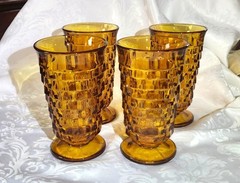 Set Of 4 Vintage Colony Whitehall Amber Glass Footed Iced Tea Tumblers