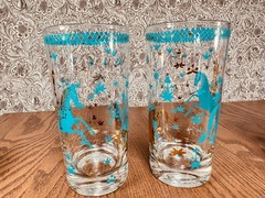 RARE Mid Century Cera Glasses Persian Women Horse MCM High Ball Culver Gold Blue