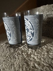 2 Vintage Currier & Ives Tumblers 12 Oz Glasses Blue On White Royal USA NICE +++