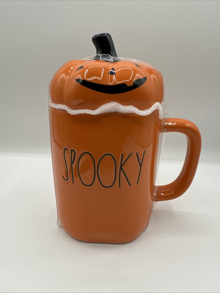 Rae Dunn “SPOOKY” Mug Halloween Coffee Cup Ceramic with Lid 7” Tall **NWOT**