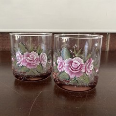 Handpainted Purple Libbey Glass Tumblers Purple White Flowers Signed, Set Of 2