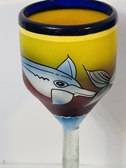 Mexican Hand Painted Hand Blown Wine Goblets Cobalt Blue Dolphins- Set of 2