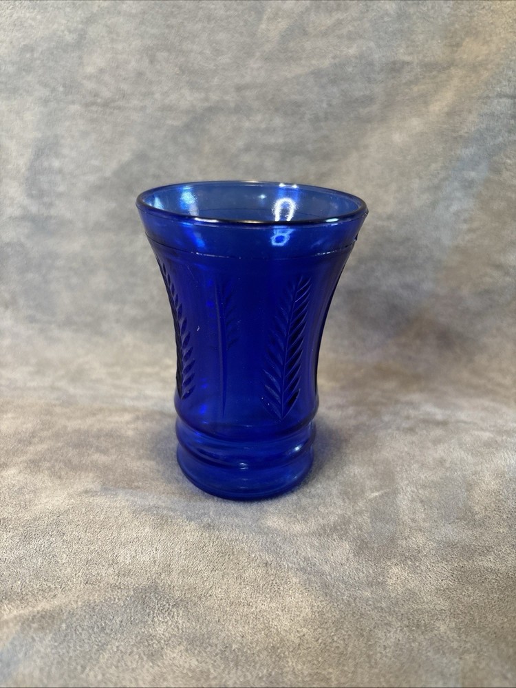 Vintage Cobalt Blue Tumbler By Maryland Glass Feather Pattern 3.75” Tall 6 oz