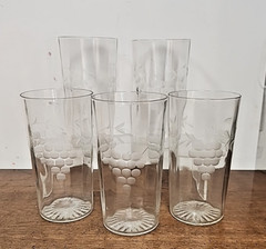 VINTAGE PANELED ETCHED GRAPES TUMBLER SET OF FIVE