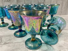 VTG Indiana Carnival Glass Harvest Grape Iridescent Blue Goblets 12pc Set