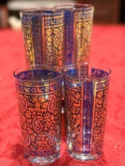 Vintage Georges Briard Sari Blue 22K Gold Paisley Glasses 4pc Signed