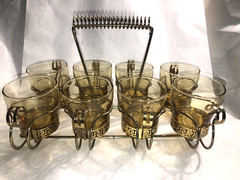 Vintage Libbey Amber Glass Continental Coffee Cups with Metal Set Of 8 w/Caddy