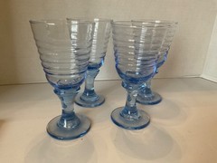 Vintage Libbey Sirrus Blue Wine Glass Goblet Ribbed Design 7” Lot of 4