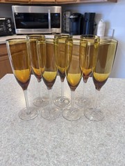 Amber Champagne Flutes Bell Shape Glasses W/ Clear Stems Holds 8oz. Set of 6