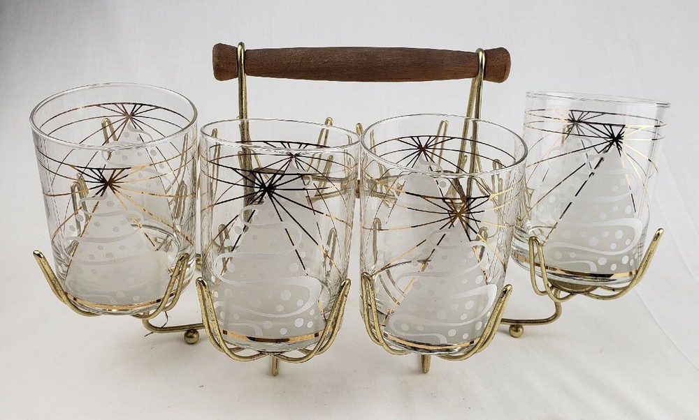 Vintage MCM Culver 22 kt Gold Glasses Tumbler Caddy Carrier Mid Century Modern