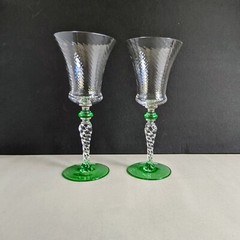 2 TIFFIN 15022 SPIRAL OPTIC Water Goblet 8 oz Green Wafer & Foot Glows Blk Lite