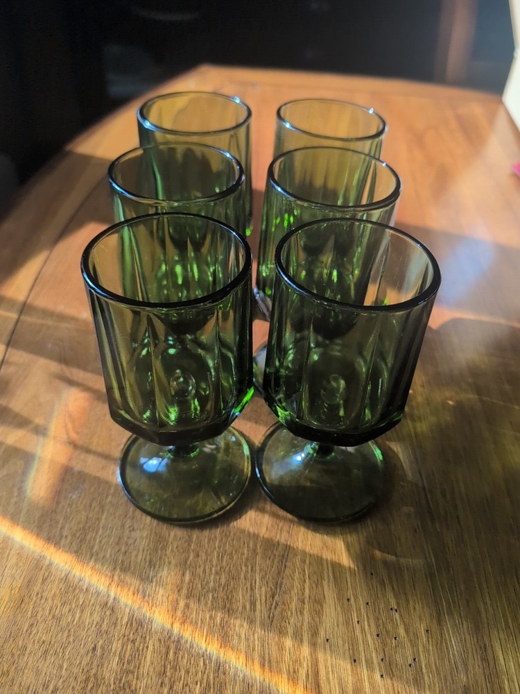 6 Vintage Indiana Glass Colony Nouveau Footed Water Goblet Avocado Olive Green