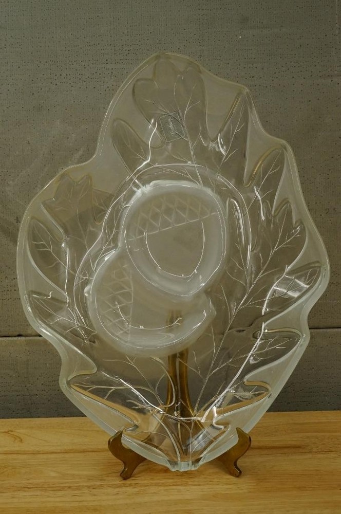 NOS GORHAM Crystal Frosted Acorn Nut Harvest Bounty Chip & Dip Serving Platter