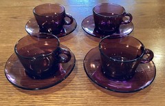 Vintage Vereco France Amethyst Glass Cup Saucer SET OF 4 Espresso Tea Coffee