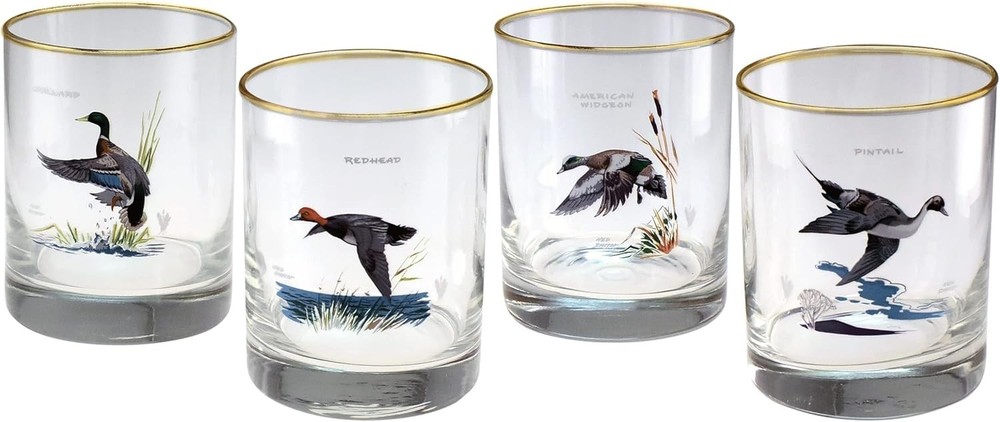 Ned Smith 22K Gold Rim Waterfowl DOF Double Old-Fashioned Glasses, 13.5-Ounce, A