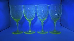 Set of 4 Yellow Green Uranium Vaseline Glass Wine Glasses Goblets Swirl Pattern