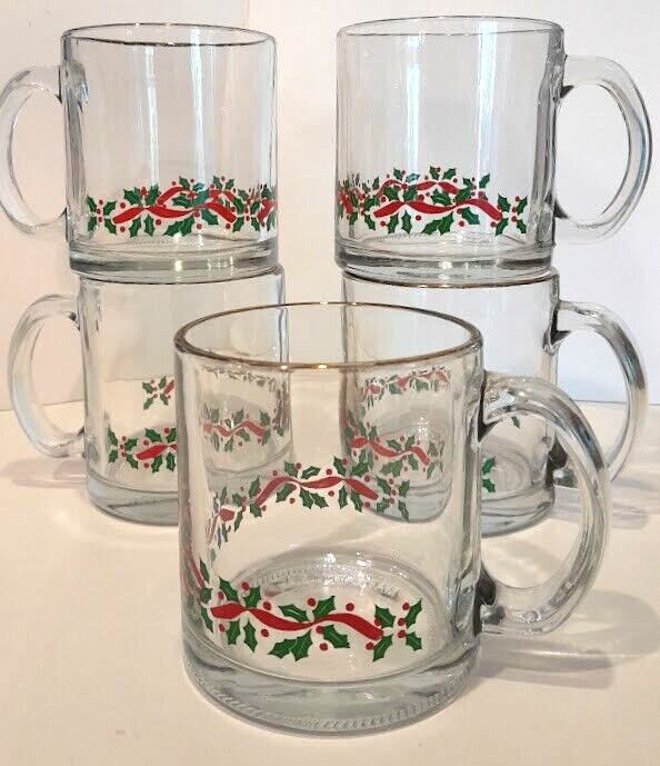 5 FESTIVE HOLIDAY GLASSES WITH HOLLY BERRY & RIBBON DESIGN