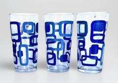 Set of 3 MCM Cerve Italian Drinking Glasses, Clear with Blue Rectangles, Atomic