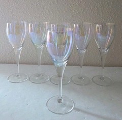 Vtg Set of 6 Iridescent Glasses Wine 7″ Hand Blown Rainbow Iris Lustre…