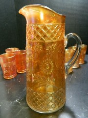 Vintage (9) Piece Dugan Carnival Glass Daisy Lattice Water Set Excellent Cond