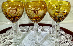 Cut to Clear Glass Crystal 8” Set 6 Nachtmann Amber Yellow Wine Glasses Goblets