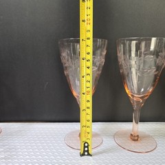 VTG Depression Glass Wine Goblets Set of 3 Etched Ribbed Rambler Rose Pink 7in