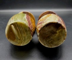 2 Vintage Hand Carved Natural Green Onyx Stone Goblet Wine Glasses