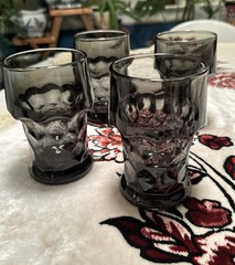 Vtg Anchor Hocking Georgian Smoke Glass Mugs, Goblets, Wine Glasses 12 Piece Set
