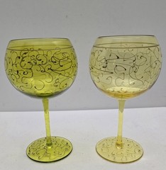 2 Royal Danube Balloon Goblet Wine Glass 1-Yellow 1-Green Hand Painted Gold