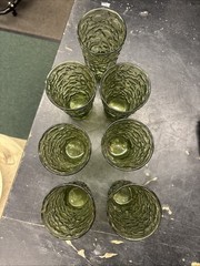 Vtg Anchor Hocking Lido Milano Avocado Olive Green Crinkle Glass Tumbler Set 7