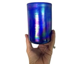 Mouth blown Art Glass Cobalt Blue Iridescent Tumblers Drinking Glasses Pair