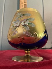 Handmade Vintage Czech Bohemian Cobalt Brandy Snifter, 24k Gold Trim