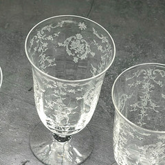 7 Vtg Fostoria Navarre Clear Etched Flowers Footed Juice Glass Tumblers 4 5/8″