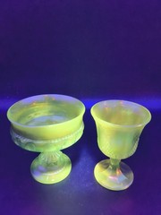 Vintage Blue Carnival Glass UV Glow 2pc Lot Kings Crown Compote & Grape Goblet