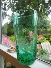 Pair of Blown green crackle glass tumblers, 6″ tall, very pretty 5C
